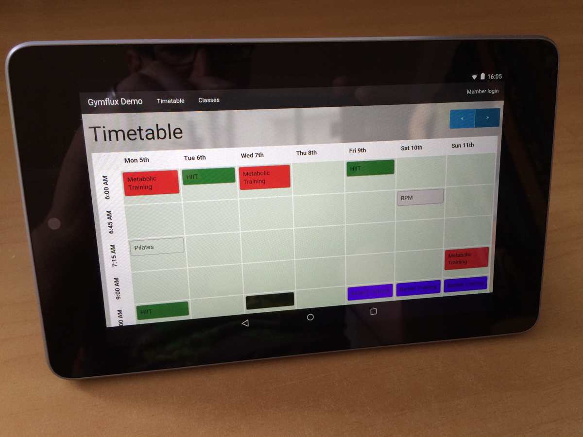InfluxKiosk on an Android table showing the timetable view