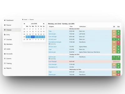 Class dashboard with attendance and bookings