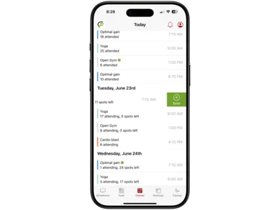 The Influx member app showing a class timetable with spots remaining and a book button