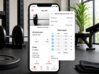 A member logging a workout result in InfluxApp on the gym floor