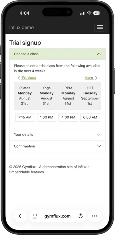 Booking a trial class online with Influx