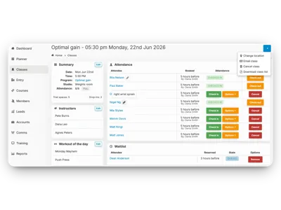 InfluxClub dashboard with class management
