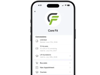 Member app account screen showing passes, concessions and booking options