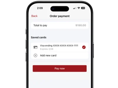 Member app payment screen showing the order total and saved cards