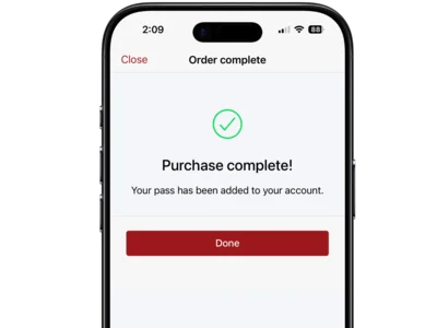 Member app confirming a completed purchase added to the member's account