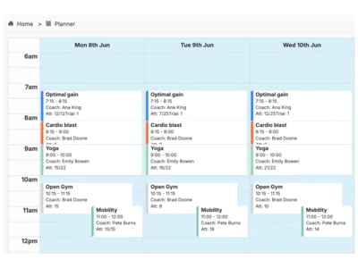 Weekly class planner showing scheduled classes with coaches and attendance