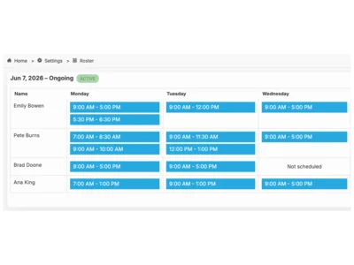 Staff roster showing weekly shift assignments for each team member
